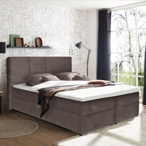 Lit Boxspring 160x200 Velours Taupe 2 Rangements - Brandon