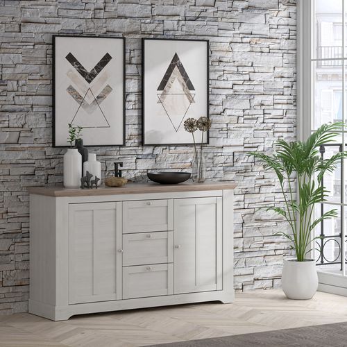 Buffet 160 Cm 2 Portes 3 Tiroirs Décor Chêne Clair Blanchi - Angele