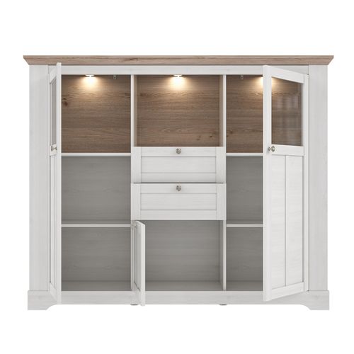Buffet Vitrine 3 Portes 2 Tiroirs + LED Décor Chêne Blanchi - Angele