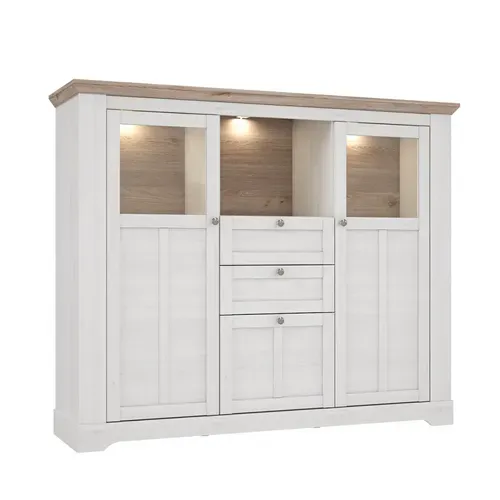 Buffet Vitrine 3 Portes 2 Tiroirs + LED Décor Chêne Blanchi - Angele
