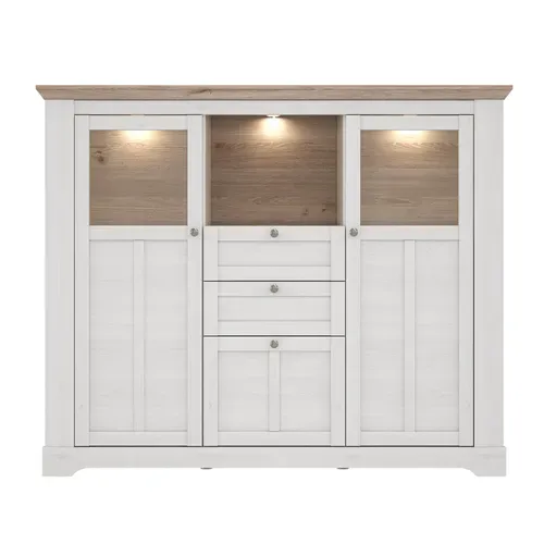 Buffet Vitrine 3 Portes 2 Tiroirs + LED Décor Chêne Blanchi - Angele