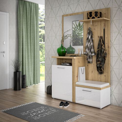 Meuble D'entrée 2 Portes 1 Miroir Blanc Laqué Et Décor Bois - Berlioz