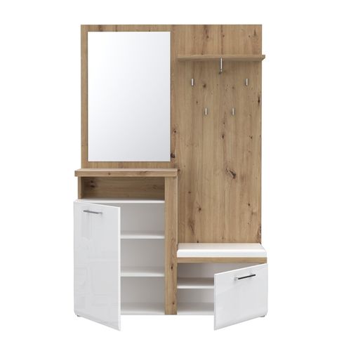 Meuble D'entrée 2 Portes 1 Miroir Blanc Laqué Et Décor Bois - Berlioz