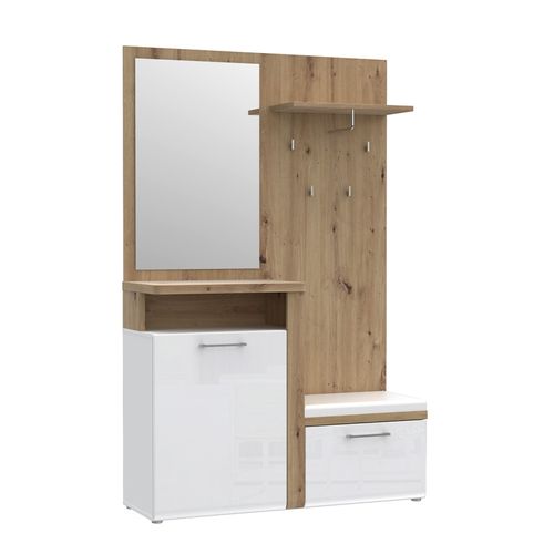 Meuble D'entrée 2 Portes 1 Miroir Blanc Laqué Et Décor Bois - Berlioz