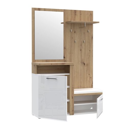 Meuble D'entrée 2 Portes 1 Miroir Blanc Laqué Et Décor Bois - Berlioz