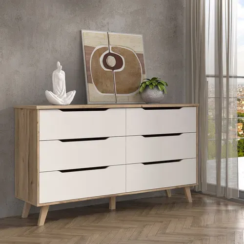 Commode 6 Tiroirs Décor Chêne Et Blanc Pieds Bois Massif - Albane