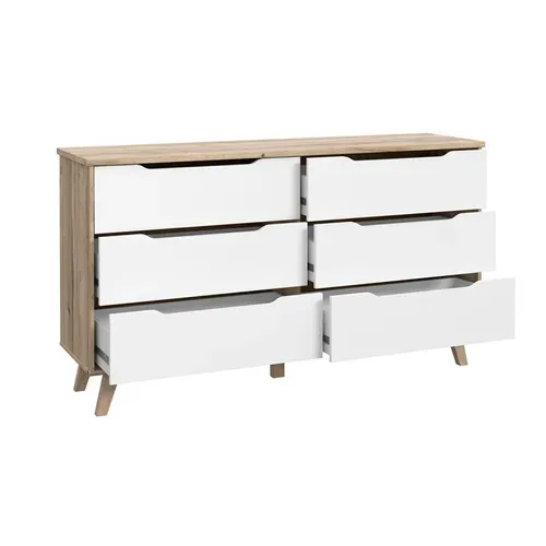 Commode 6 Tiroirs Décor Chêne Et Blanc Pieds Bois Massif - Albane