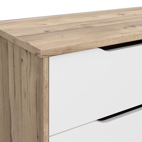 Commode 6 Tiroirs Décor Chêne Et Blanc Pieds Bois Massif - Albane