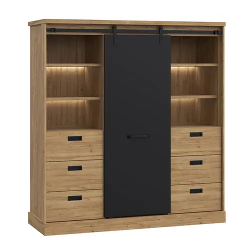 Vaisselier 1 Porte 6 Tiroirs Décor Chêne Et Noir éclairage LED - Farm