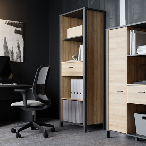 Bibliothèque 194 Cm 1 Tiroir 4 Niches Décor Bois Chêne Et Noir - Mode