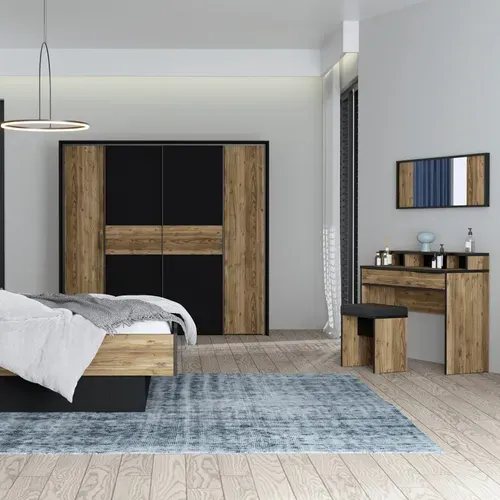 Grande Armoire Dressing 209 Cm Décor Bois D'épicéa Et Noir Mat - Celia