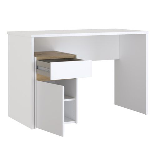 Bureau 110 Cm Blanc Mat Et Décor Bois De Chêne Avec Caisson - Odyssée