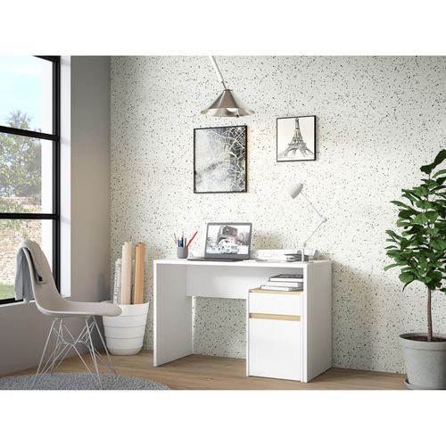 Bureau 110 Cm Blanc Mat Et Décor Bois De Chêne Avec Caisson - Odyssée