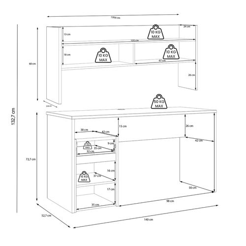 Bureau Et Surmeuble 140 Cm Blanc Mat Et Décor Bois De Chêne - Odyssée