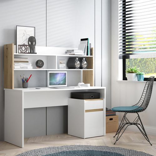 Bureau Et Surmeuble 140 Cm Blanc Mat Et Décor Bois De Chêne - Odyssée