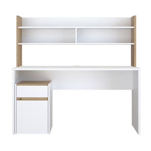Bureau Et Surmeuble 140 Cm Blanc Mat Et Décor Bois De Chêne - Odyssée