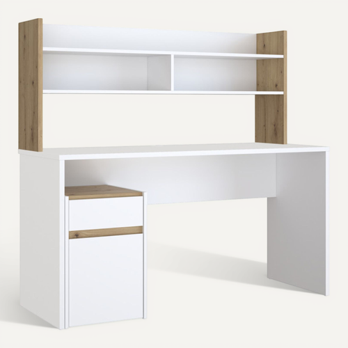 Bureau Et Surmeuble 140 Cm Blanc Mat Et Décor Bois De Chêne - Odyssée