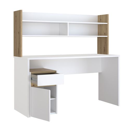 Bureau Et Surmeuble 140 Cm Blanc Mat Et Décor Bois De Chêne - Odyssée
