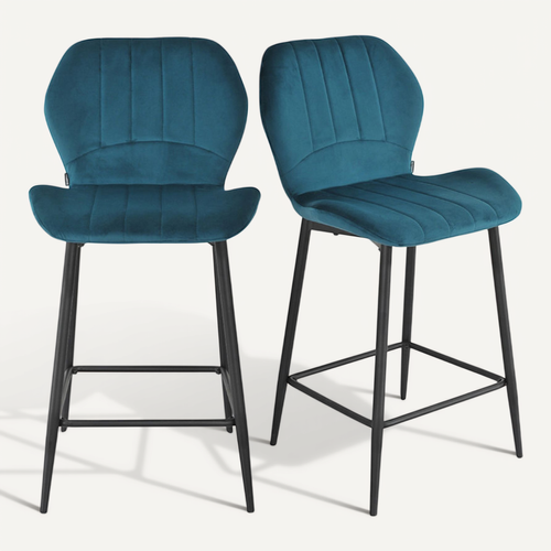 Lot 2 Tabourets De Bar Velours Bleu Canard Pieds Métal Noir - Emilio 2