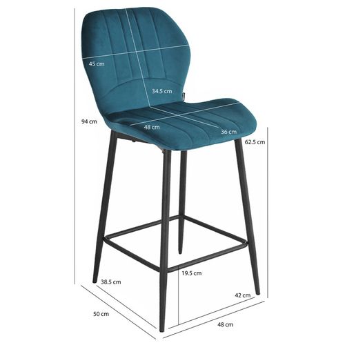 Lot 2 Tabourets De Bar Velours Bleu Canard Pieds Métal Noir - Emilio 2