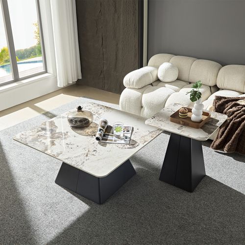 Table Basse Carrée Céramique Marbrée Beige Pied Trapèze - Oswald