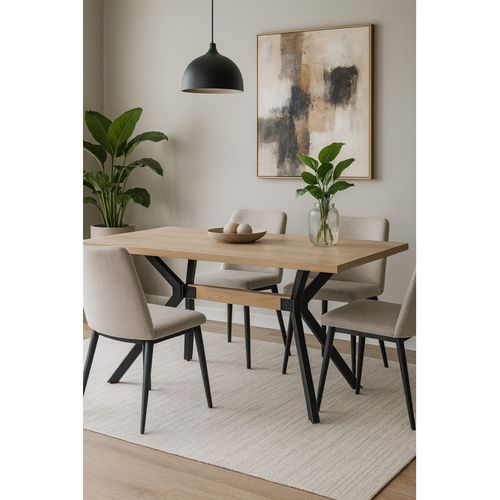 Table De Repas L. 180 Cm Décor Chêne Et Pieds En Métal Noir - Ligna
