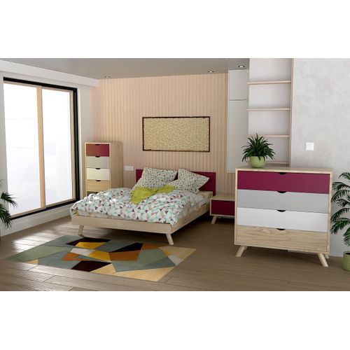 Chiffonnier Scandinave Bois 5 Tiroirs Viking, Prune, Gris Souris, Blanc, Gris Anthracite