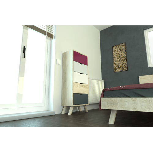 Chiffonnier Scandinave Bois 5 Tiroirs Viking, Prune, Gris Souris, Blanc, Gris Anthracite