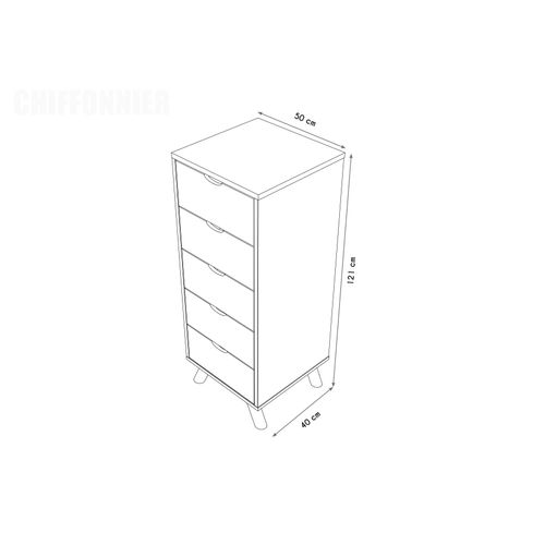 Chiffonnier Scandinave Bois 5 Tiroirs Viking, Prune, Gris Souris, Blanc, Gris Anthracite