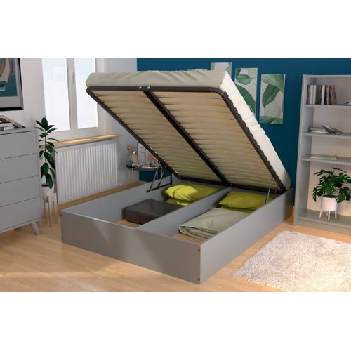 Lit Coffre 2 Places Bois Massif Robuste - 140x200, Gris