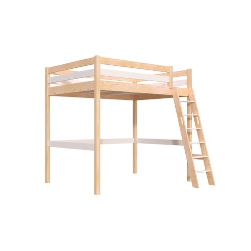 Lit Mezzanine 2 Places Bois Sylvia 140x200 Échelle Inclinée, Vernis Naturel/blanc