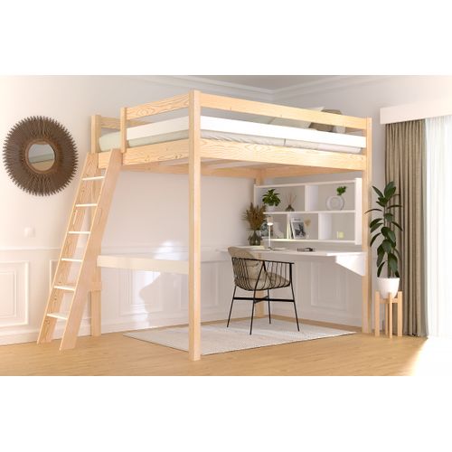 Lit Mezzanine 2 Places Bois Sylvia 140x200 Échelle Inclinée, Vernis Naturel/blanc
