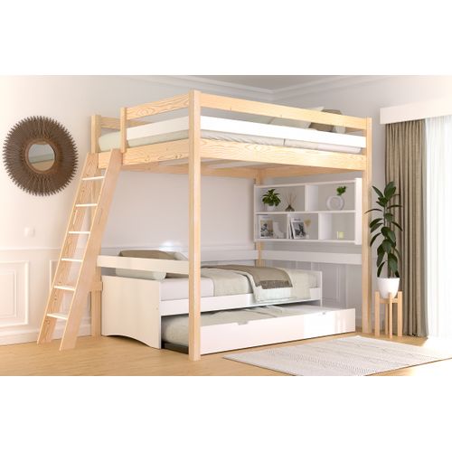 Lit Mezzanine 2 Places Bois Sylvia 140x200 Échelle Inclinée, Vernis Naturel/blanc