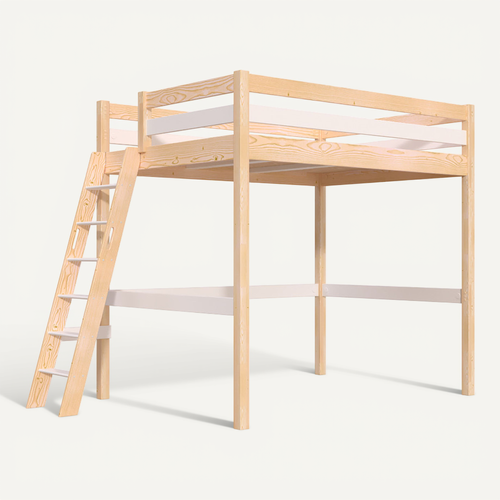Lit Mezzanine 2 Places Bois Sylvia 140x200 Échelle Inclinée, Vernis Naturel/blanc