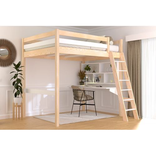 Lit Mezzanine 2 Places Bois Sylvia 140x200 Échelle Inclinée, Vernis Naturel/blanc