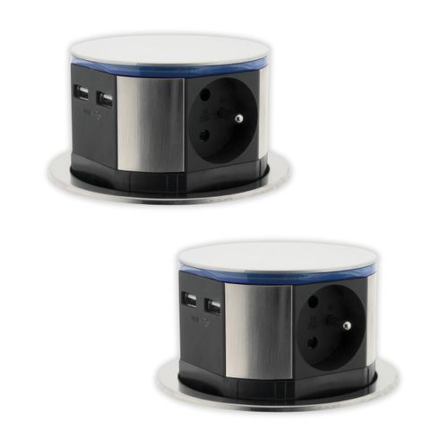 Lot De 2 Blocs Multiprises Encastrables Compact LED 3 Prises 16a 2p+t et 2xusb - Inox - Otio