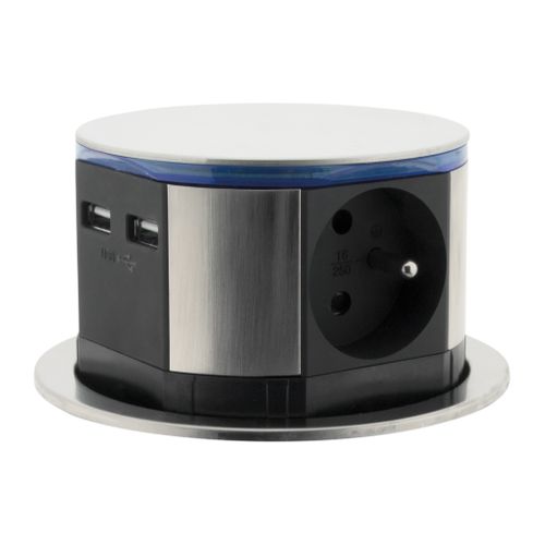 Lot De 2 Blocs Multiprises Encastrables Compact LED 3 Prises 16a 2p+t et 2xusb - Inox - Otio