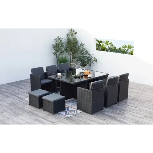 Monaco 10 - Salon De Jardin Encastrable 10 Places Fauteuils Et Poufs En Résine Tressée Noir Et Gris