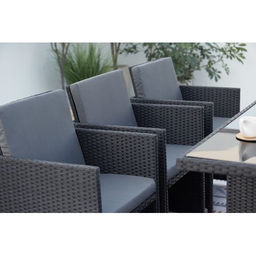 Monaco 10 - Salon De Jardin Encastrable 10 Places Fauteuils Et Poufs En Résine Tressée Noir Et Gris