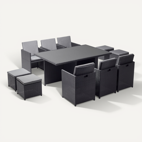 Monaco 10 - Salon De Jardin Encastrable 10 Places Fauteuils Et Poufs En Résine Tressée Noir Et Gris