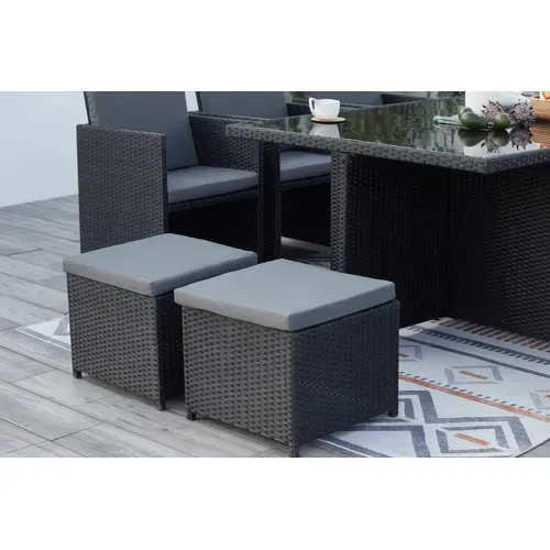 Monaco 10 - Salon De Jardin Encastrable 10 Places Fauteuils Et Poufs En Résine Tressée Noir Et Gris