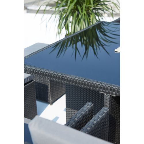 Monaco 10 - Salon De Jardin Encastrable 10 Places Fauteuils Et Poufs En Résine Tressée Noir Et Gris
