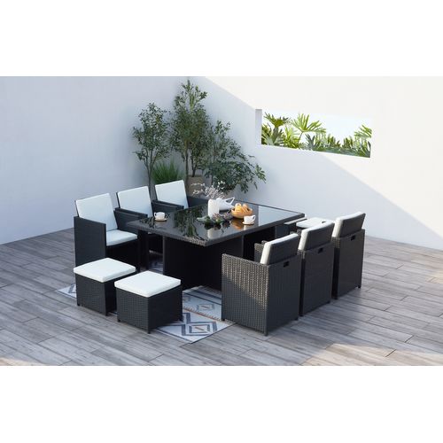 Monaco 10 - Salon De Jardin Encastrable 10 Places Fauteuils Et Poufs En Résine Tressée Noir Et Blanc