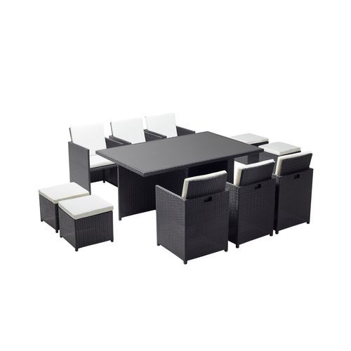 Monaco 10 - Salon De Jardin Encastrable 10 Places Fauteuils Et Poufs En Résine Tressée Noir Et Blanc