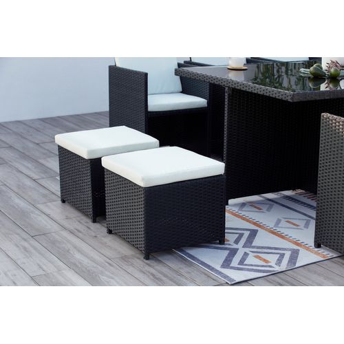 Monaco 10 - Salon De Jardin Encastrable 10 Places Fauteuils Et Poufs En Résine Tressée Noir Et Blanc
