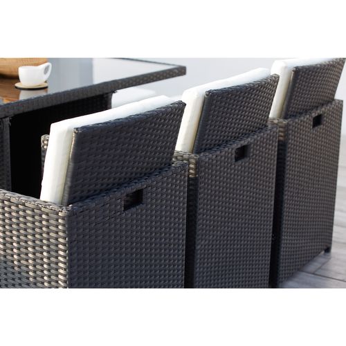 Monaco 10 - Salon De Jardin Encastrable 10 Places Fauteuils Et Poufs En Résine Tressée Noir Et Blanc