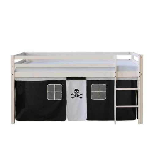 Lit Mi- Haut Blanc 90x200 En Hauteur Avec Echelle Et Rideau Pirate