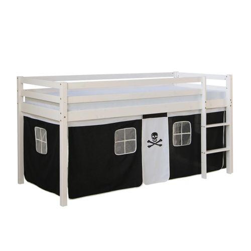 Lit Mi- Haut Blanc 90x200 En Hauteur Avec Echelle Et Rideau Pirate