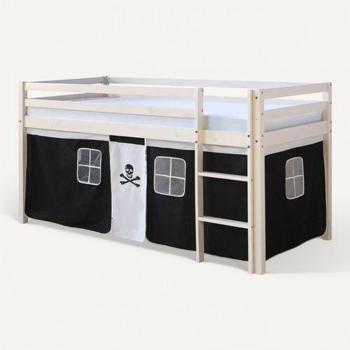 Lit Mi- Haut Blanc 90x200 En Hauteur Avec Echelle Et Rideau Pirate