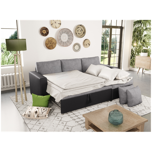 Canapé D'angle Maria Réversible Et Convertible Avec Coffre En Simili Et Microfibre -  Gris / Noir